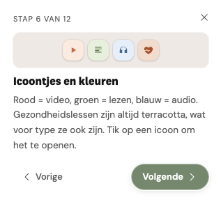 Uitleg in de app: icoontjes en kleuren per lestype